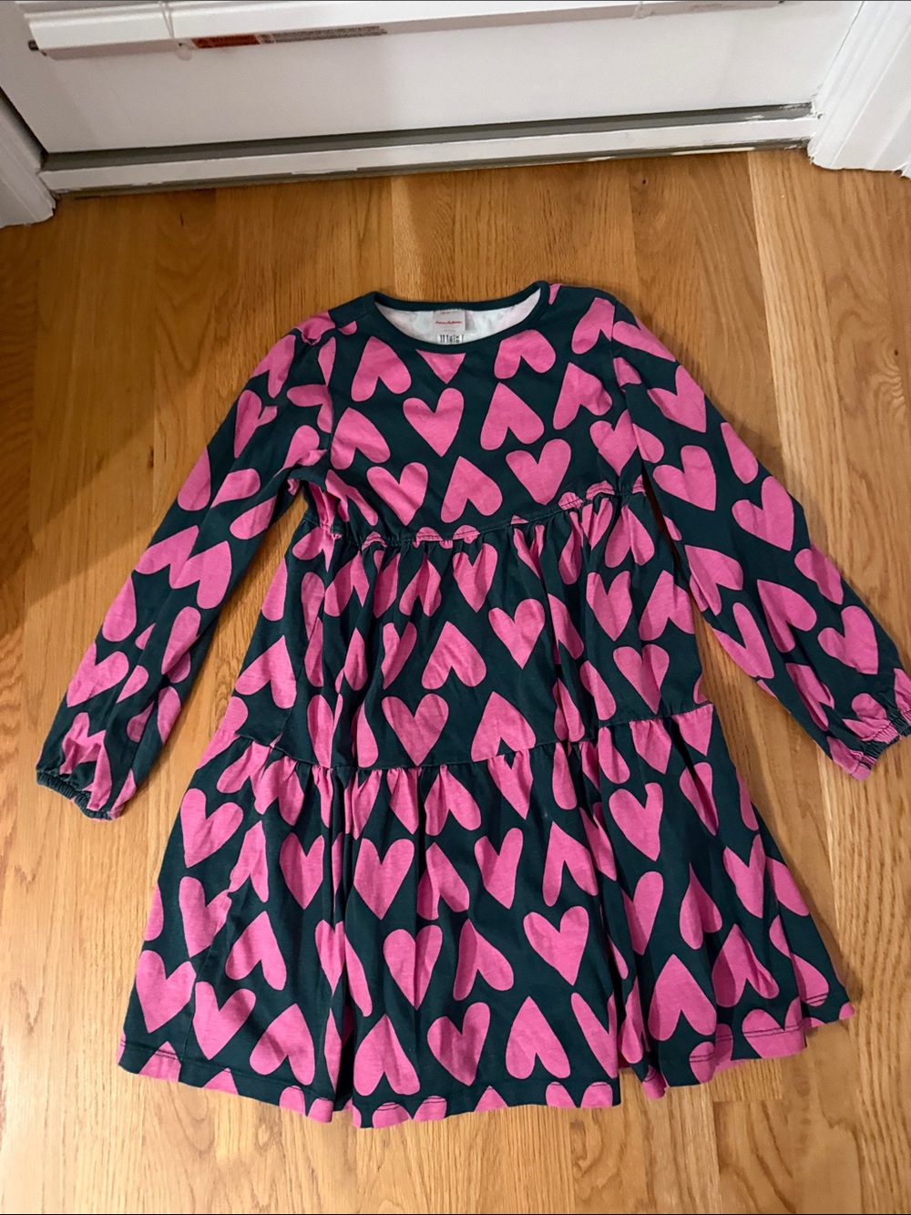 Kids Dark Green Long-Sleeve Dress with Pink Heart Print